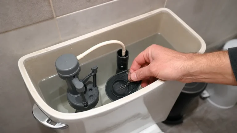 Open toilet tank showing a homeowner checking a flapper seal and lift chain