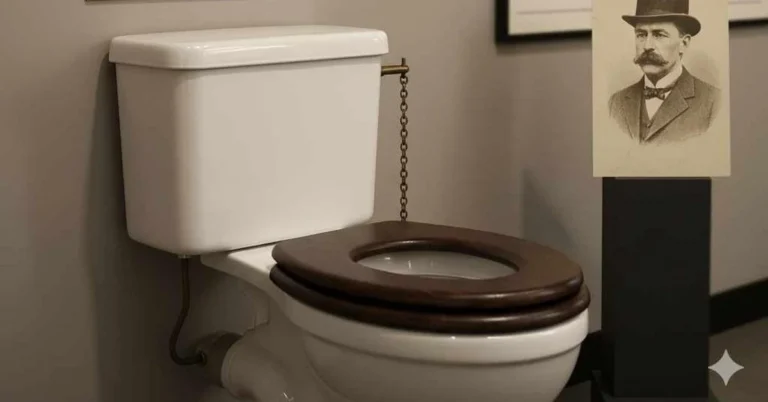 vintage toilet display with Victorian portrait