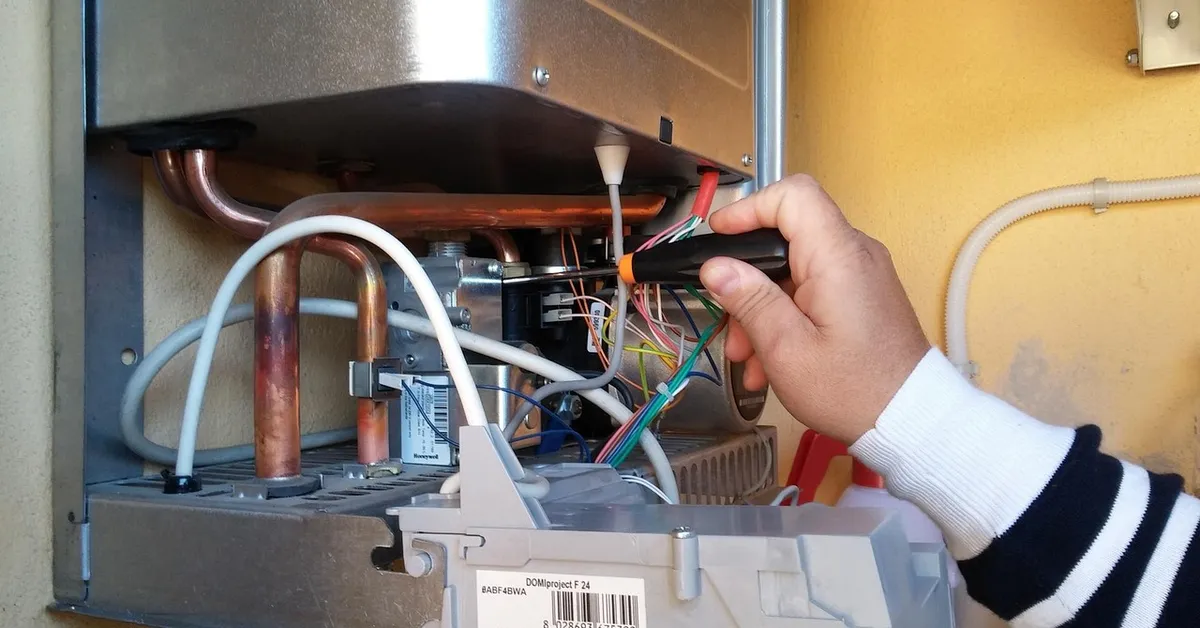 Residential water heater tank being checked for a heating malfunction