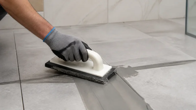 Rubber grout float spreading grout diagonally across ceramic tile joints