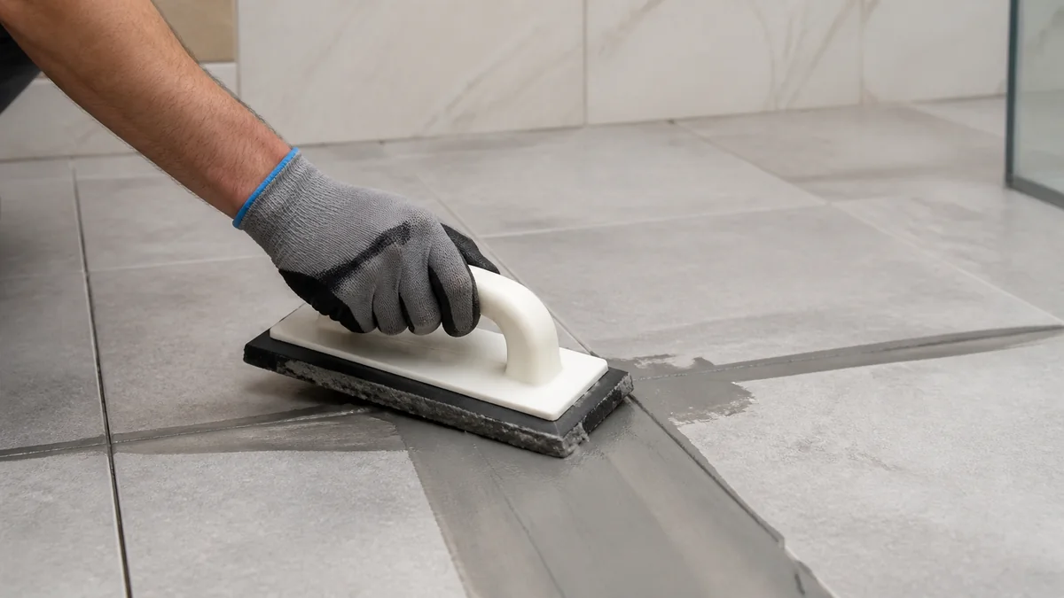 Rubber grout float spreading grout diagonally across ceramic tile joints