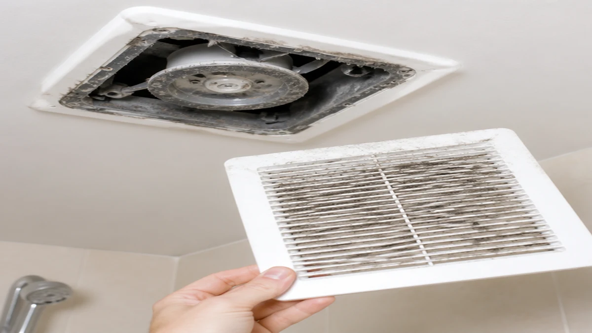 Bathroom exhaust fan housing inspected for common rattle and humming causes