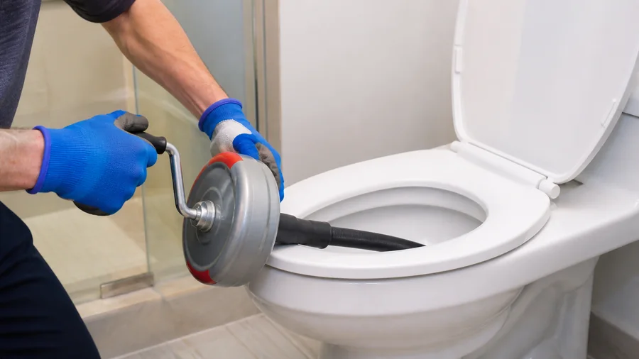 Toilet auger with protective sleeve positioned in a toilet bowl for a drain-clog check