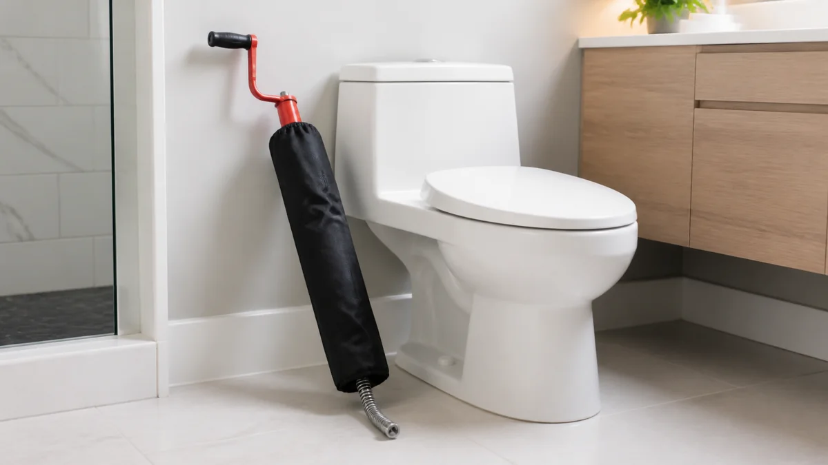 Toilet auger with protective sleeve positioned in a toilet bowl for a drain-clog check