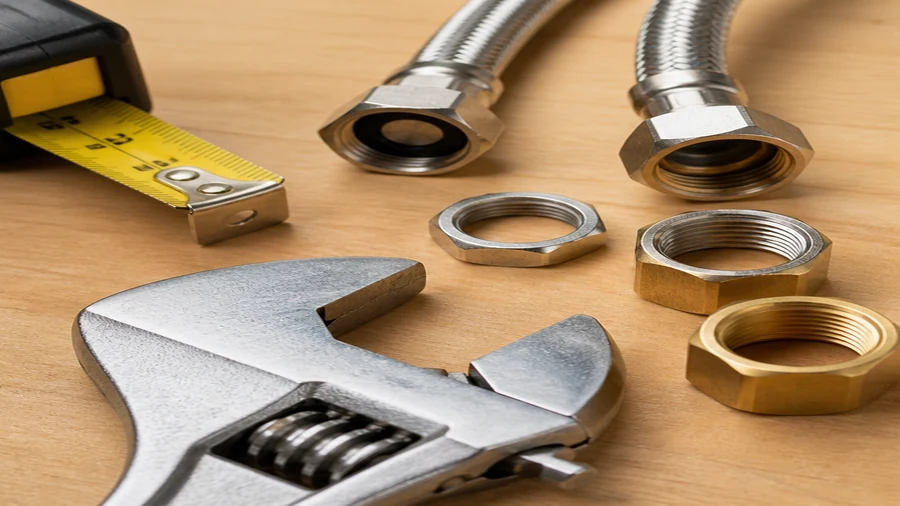 Basin wrench and adjustable wrench used near a sink faucet mounting nut