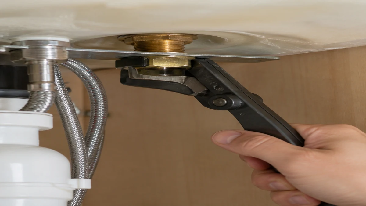 Basin wrench and adjustable wrench used near a sink faucet mounting nut