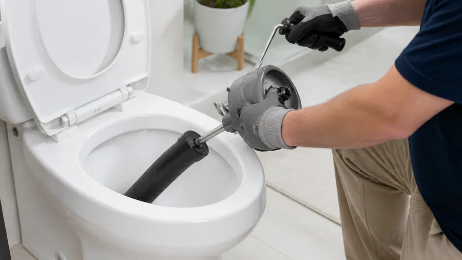 Toilet auger with a protective sleeve being used carefully in a white toilet bowl