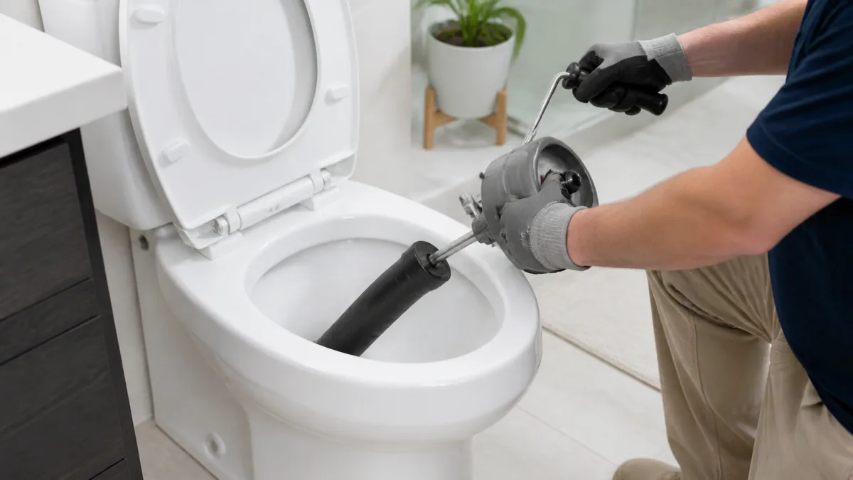 Toilet auger with a protective sleeve being used carefully in a white toilet bowl