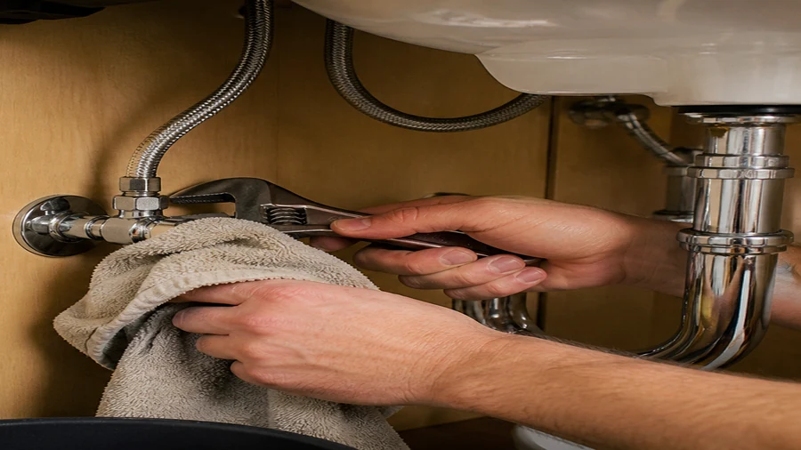 Hot water faucet and under-sink hot supply connection checked for a leak