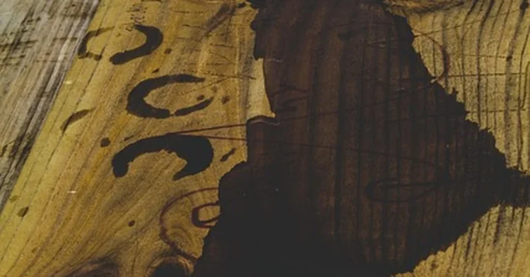 Dark water stain soaked into wood coffee table grain before repair