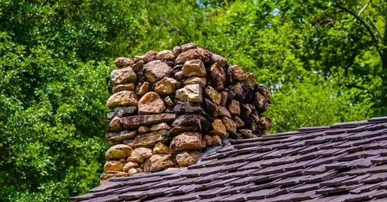 Stone masonry wood stove chimney extending above an asphalt shingle roofline
