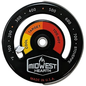 Magnetic wood stove pipe thermometer showing safe burn temperature zone