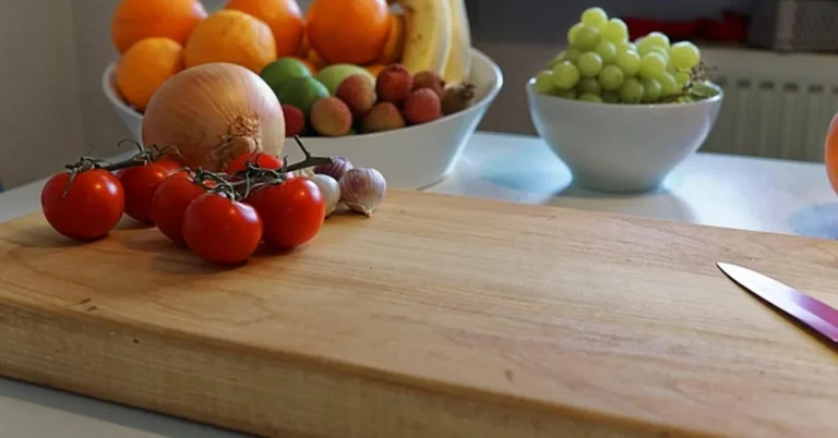 Wooden cutting board with knife and vegetables on a kitchen counter, not placed in the dishwasher