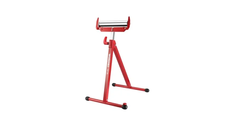 WorkPro red adjustable roller stand for woodworking on white background