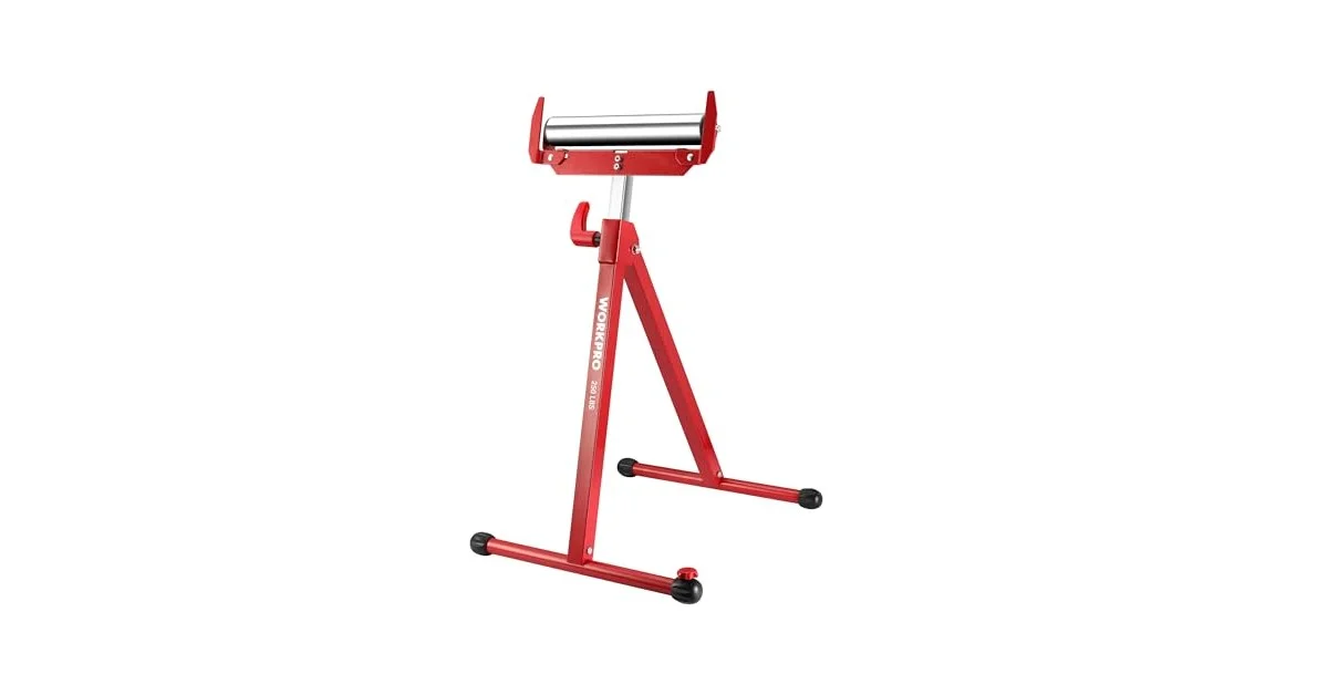 WorkPro red adjustable roller stand for woodworking on white background