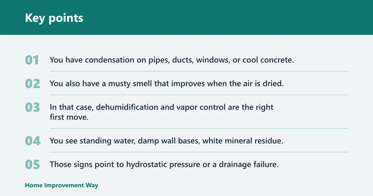 Key points: Choose Basement humidity control if or waterproofing if