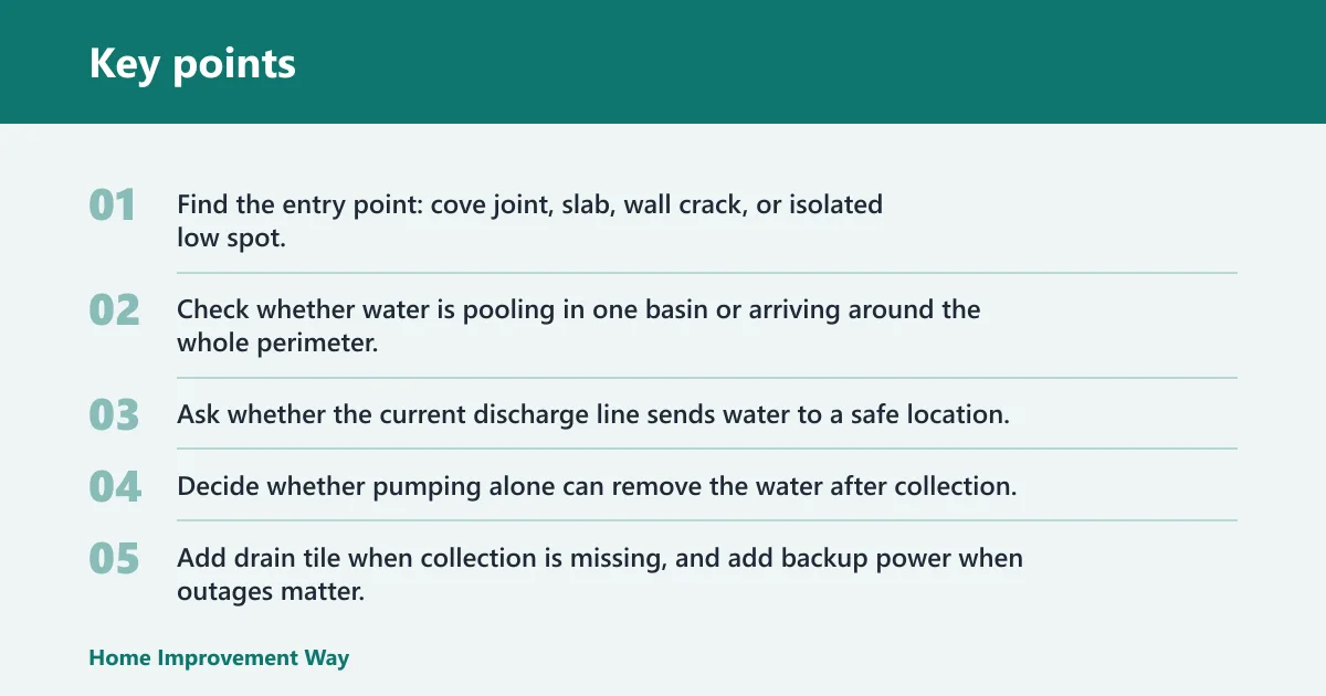 Key points: Choose Basement sump pump if… / Choose drain tile if…