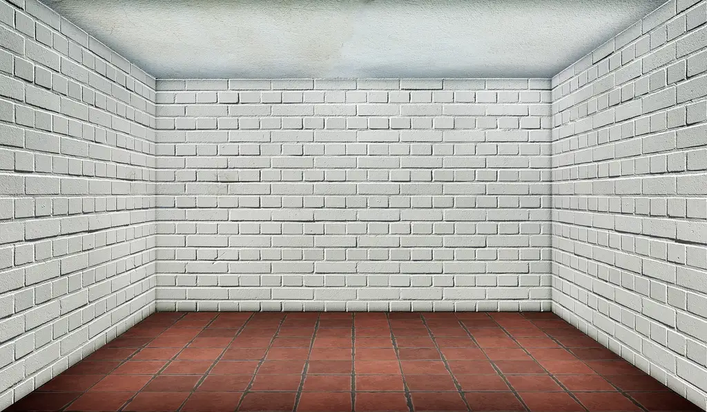 Homeowner examining a damp basement wall with water stains near the floor
