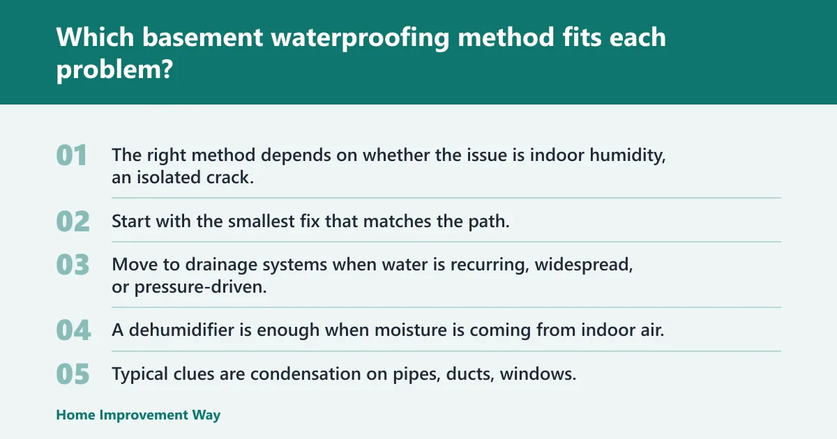 Steps: Which basement waterproofing method fits each problem?