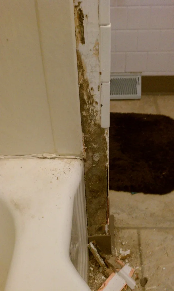 Close-up of white caulk being smoothed into a narrow gap along painted baseboard trim
