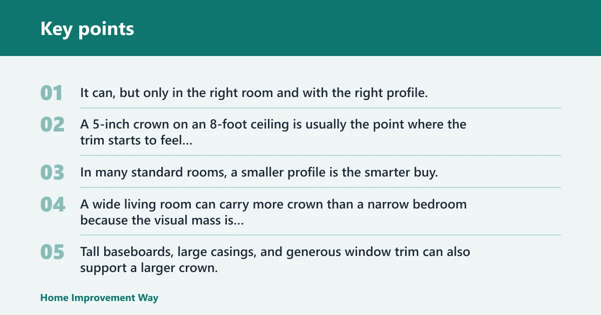 Key points: Can 5-inch crown molding work on an 8-foot ceiling?