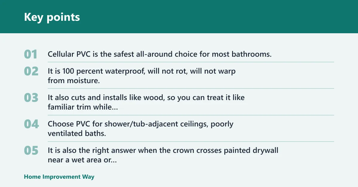 Key points: Cellular PVC crown molding: best for wet bathrooms