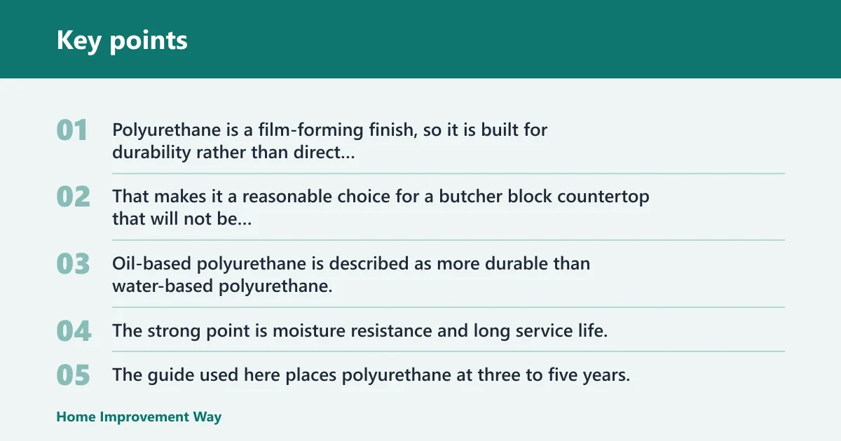 Key points: Polyurethane: best for maximum durability