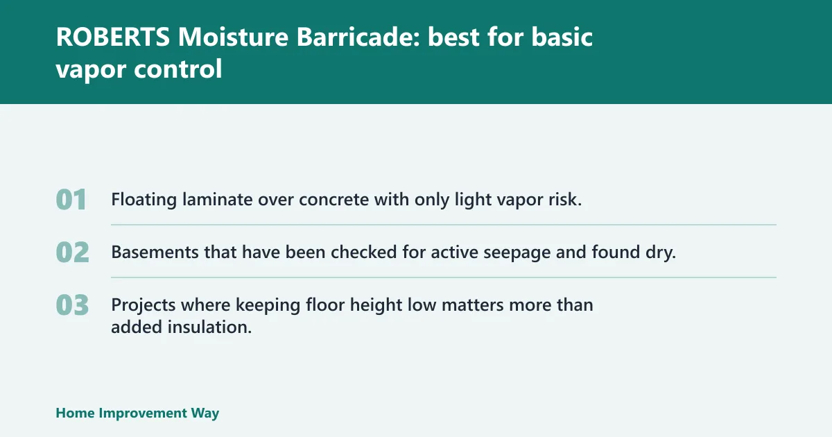 Steps: ROBERTS Moisture Barricade: best for basic vapor control
