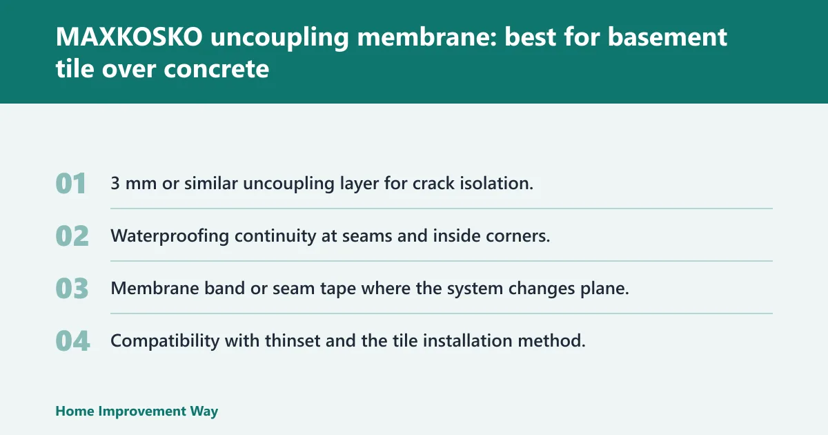 Steps: MAXKOSKO uncoupling membrane: best for basement tile over concrete