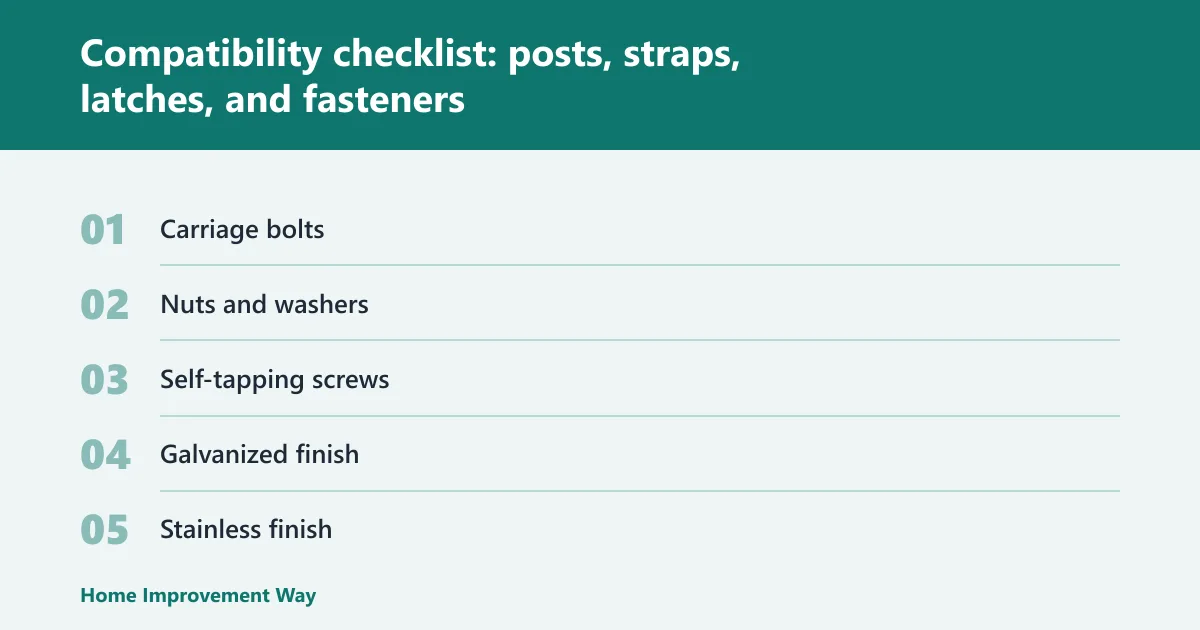 Steps: Compatibility checklist: posts, straps, latches, and fasteners