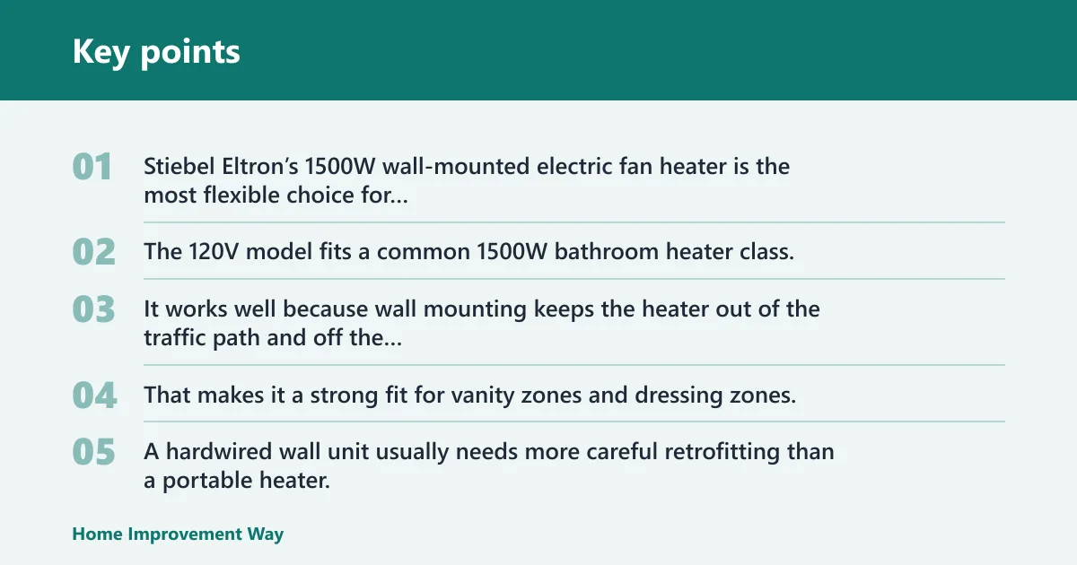 Key points: Wall-mounted electric heater: best for most bathrooms