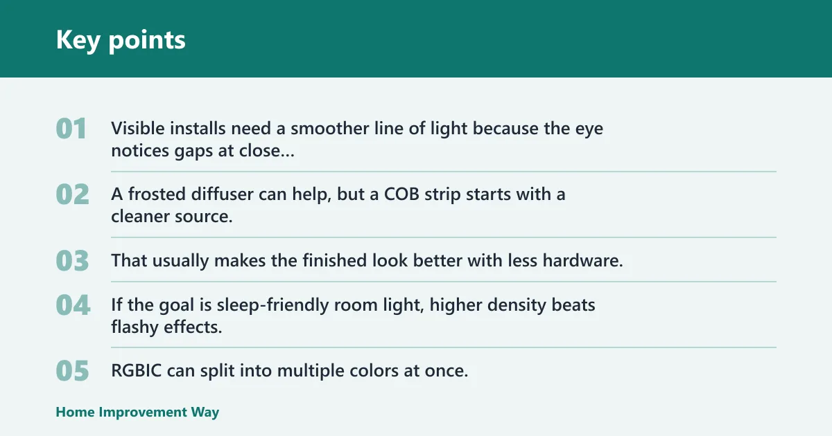 Key points: COB strips: best for visible installs