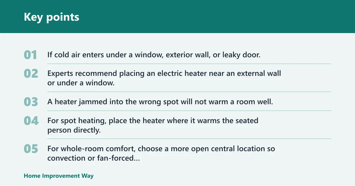 Key points: Where is the best place to put a space heater in a room?