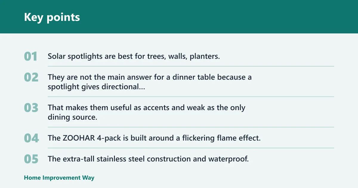 Key points: Solar spotlights: best for focal features