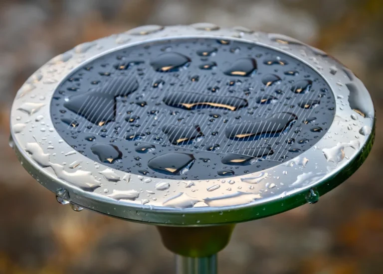 Solar pathway light installed beside a snowy walkway in a winter front yard
