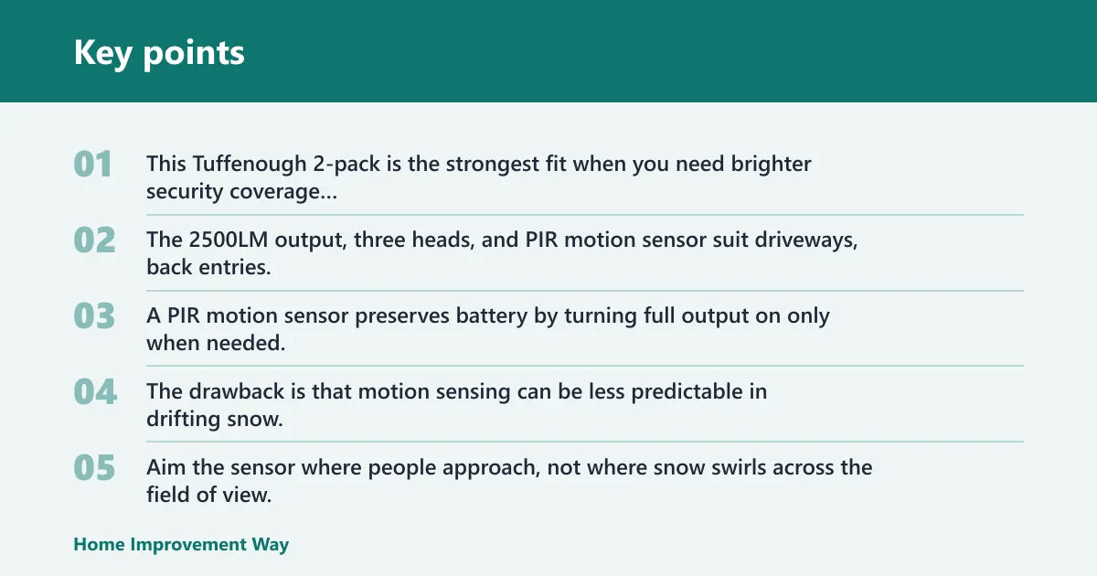 Key points: Motion security light: best for driveways and entries