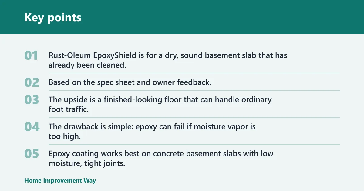 Key points: Epoxy coating: best for sound, dry slabs