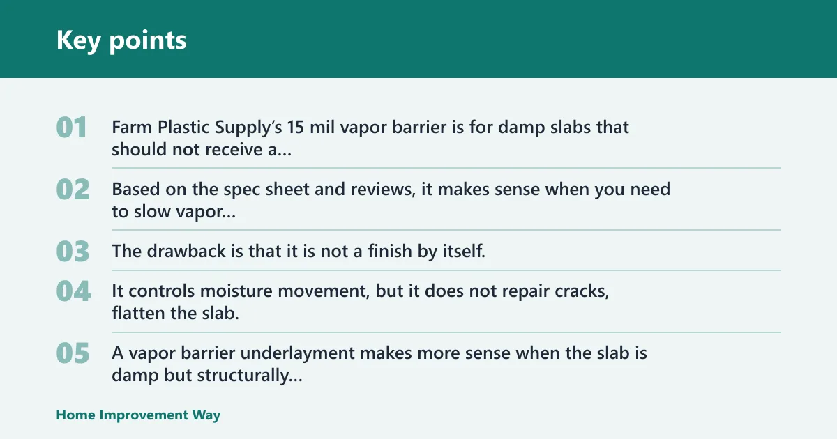 Key points: Moisture vapor barrier with floating floor: best for damp slabs