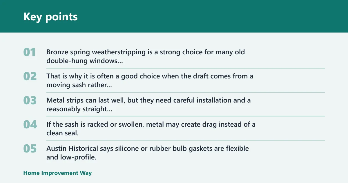 Key points: Weatherstripping: best for movable sash edges