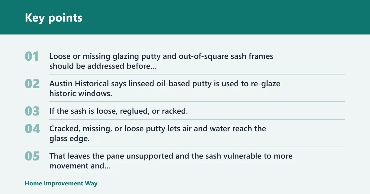 Key points: Glazing putty and sash repair: best for loose panes and racked sashes