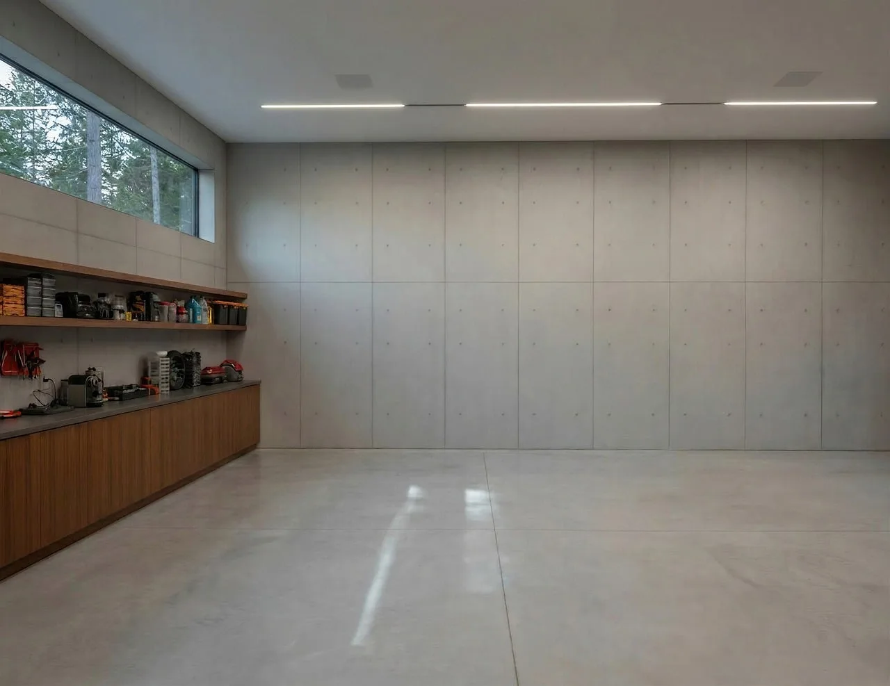 Garage cabinets and a workbench built from different woods in a clean workshop