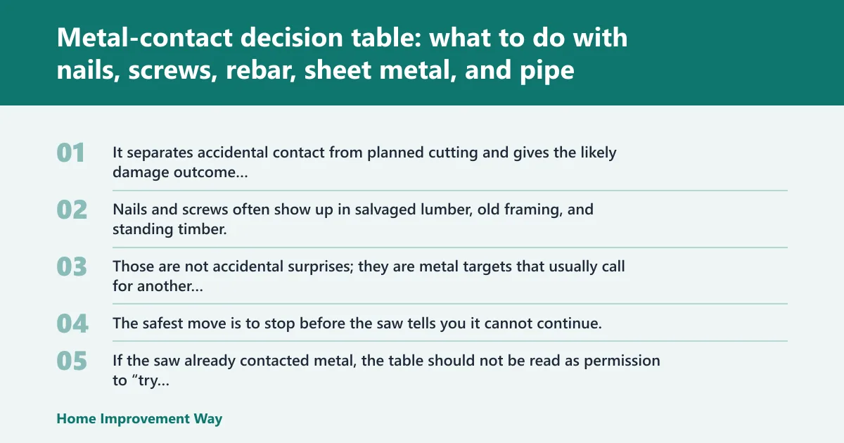 Steps: Metal-contact decision table: what to do with nails, screws, rebar, sheet metal, and pipe