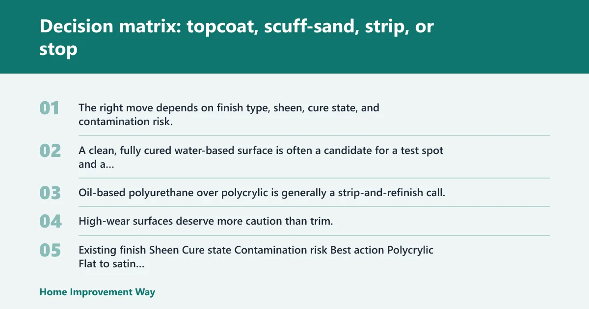 Steps: Decision matrix: topcoat, scuff-sand, strip, or stop