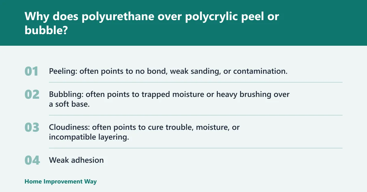 Steps: Why does polyurethane over polycrylic peel or bubble?
