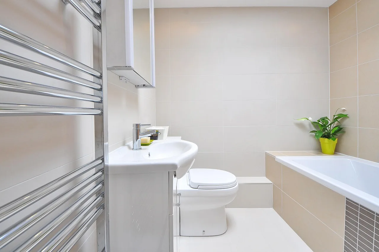 Modern bathroom with sink, toilet, bathtub, towel rack, and potted plant