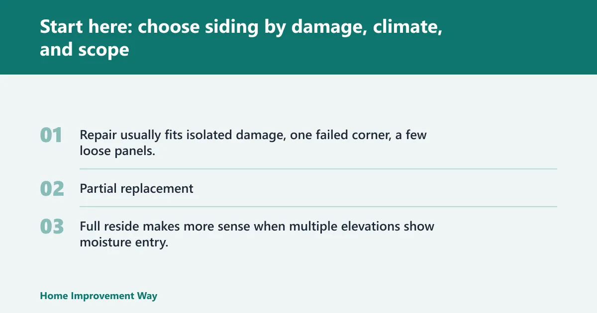 Steps: Start here: choose siding by damage, climate, and scope