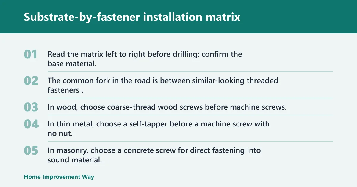 Steps: Substrate-by-fastener installation matrix