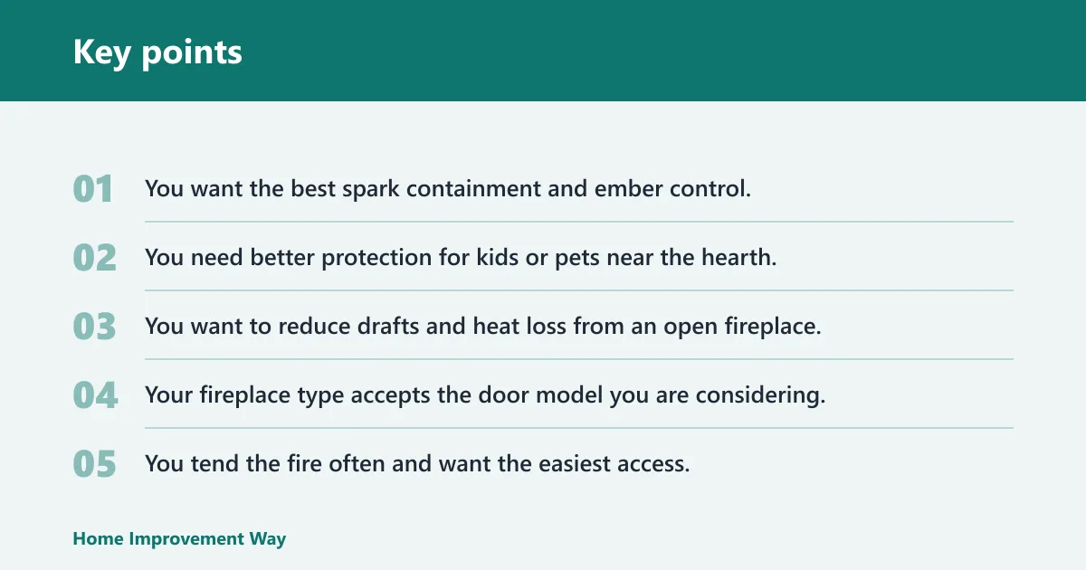 Key points: Choose Fireplace door if… / Choose screen if…