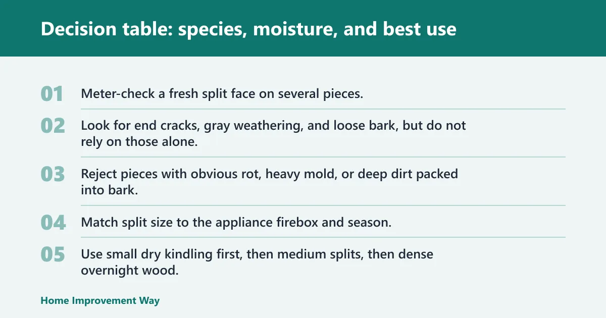 Steps: Decision table: species, moisture, and best use