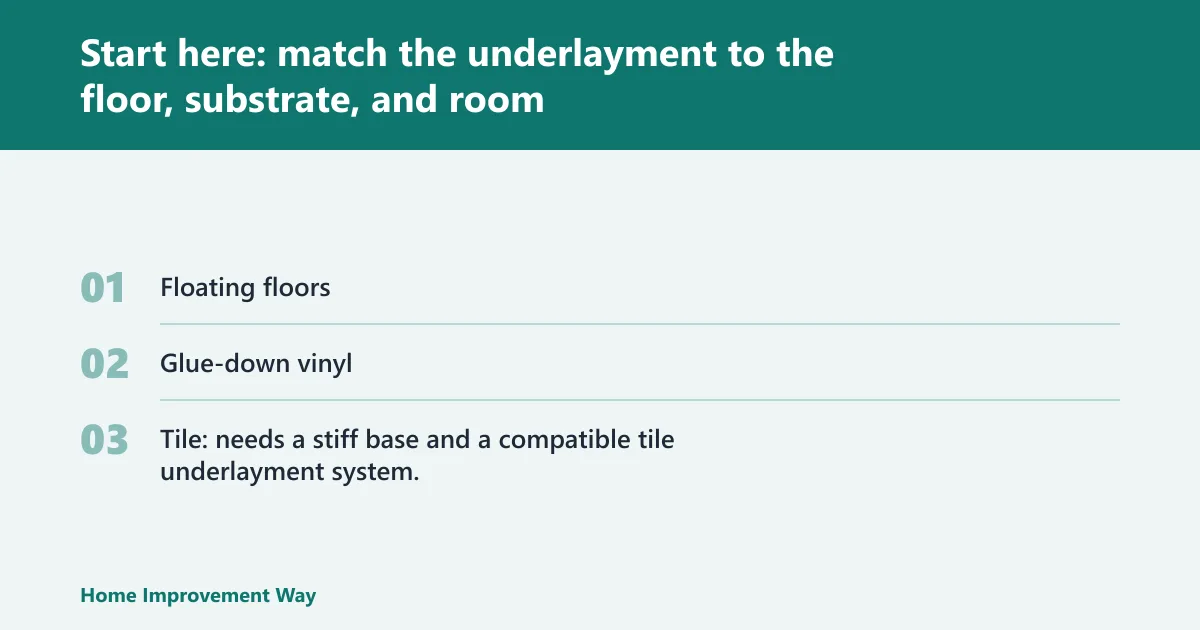 Steps: Start here: match the underlayment to the floor, substrate, and room